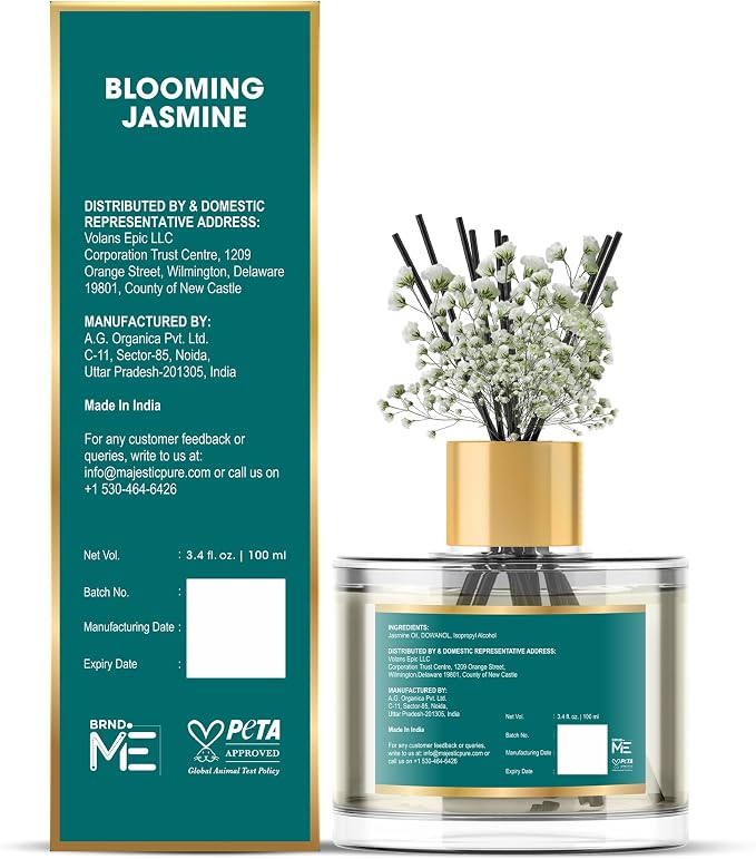 Majestic Pure Blooming Jasmine Reed Diffuser for Home, Bathroom & Office | Natural Aromatherapy Air Freshener & Room Fragrance, with Reed Sticks & Dried Flowers 3.4 fl oz