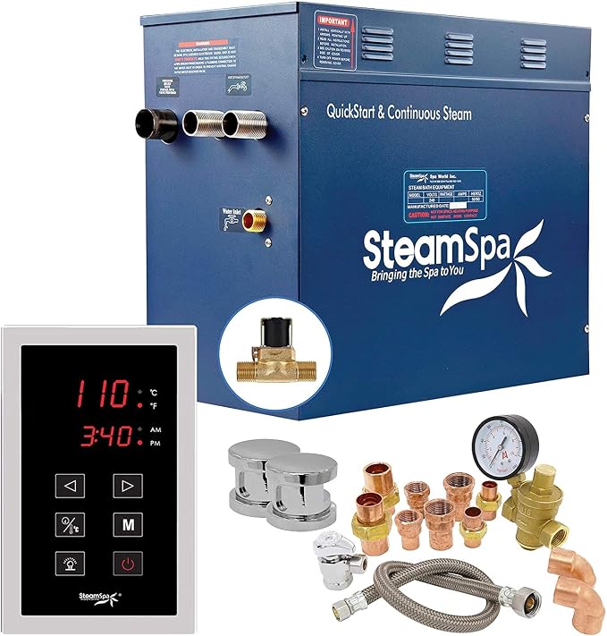 12kW Steam Sauna Generator Premium Bundle 240V Steam Generator with Touch Pad Control, Steamheads, Pressure Relief Valve, Built-in Auto Drain and Plumber Quick Install Kit SS-PRT1200CH-A