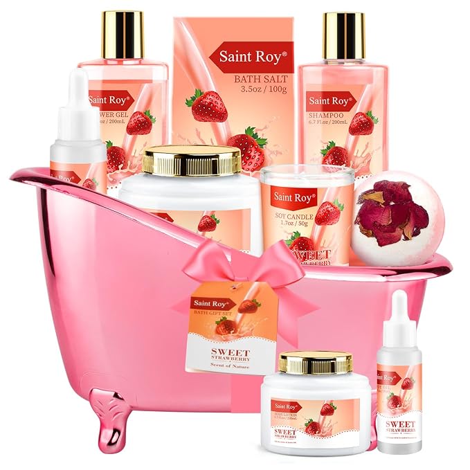 Spa Gift Basket, Spa Kit for Women, Bath & Body Gift Set, Home Spa Bath Gift Basket, Strawberry Scented Bath Set Christmas Gifts, Pamper Kit for Girls & Teens, Birthday Gift, Bath Self Care Gift