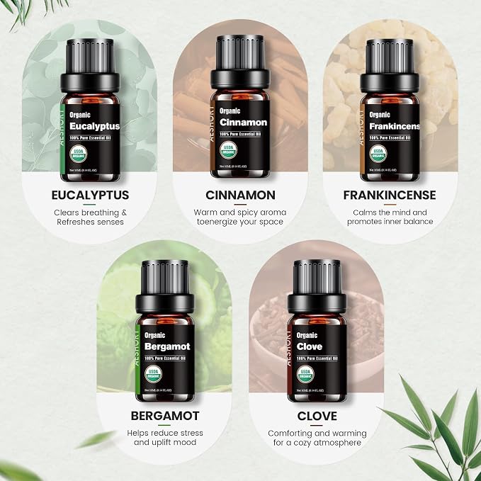 Organic Essential Oils Gift Set, Top 10x10ML-100% Pure Natural Aromatherapy for Diffusers, Humidifiers, Candle Making, Peppermint, Tea Tree, Lavender, Frankincense, Lemongrass, Eucalyptus & More