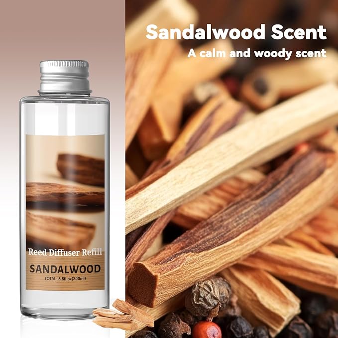 SCENTORINI Reed Diffuser Oil Refill, Sandalwood Diffuser Oil 6.76 Fl Oz, Natural Scented Essential Oil Refill Long Lasting Summer Home Fragrance for Bathroom Bedroom Spa Aromatherapy Home Decor