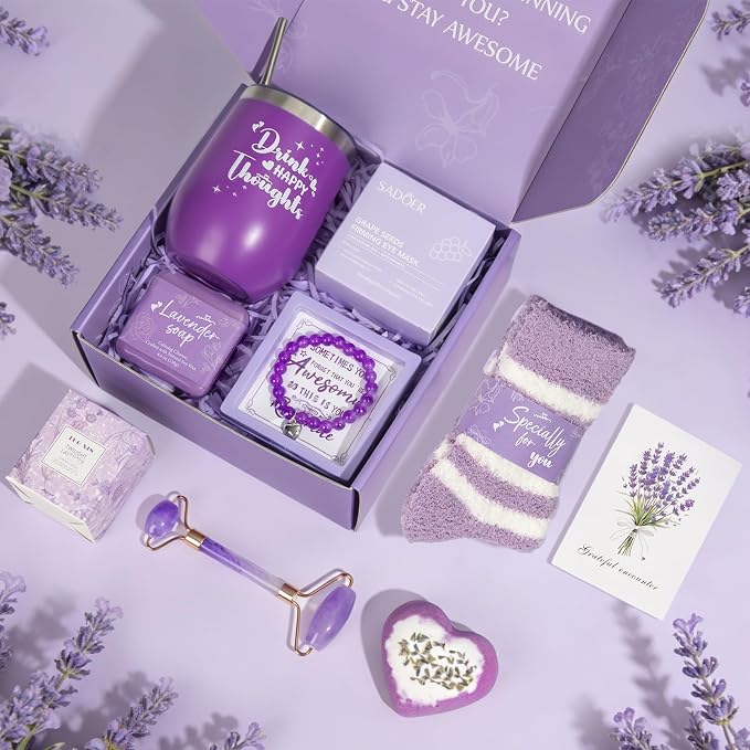Birthday Gifts for Women, Self Care Gifts for Women, Lavender Spa Gift Basket Care Package for Her, 9-Piece Relaxing Gift Box with Tumbler, Candle, Eye Patches, Gift for Mom Wife Sister Girlfriend
