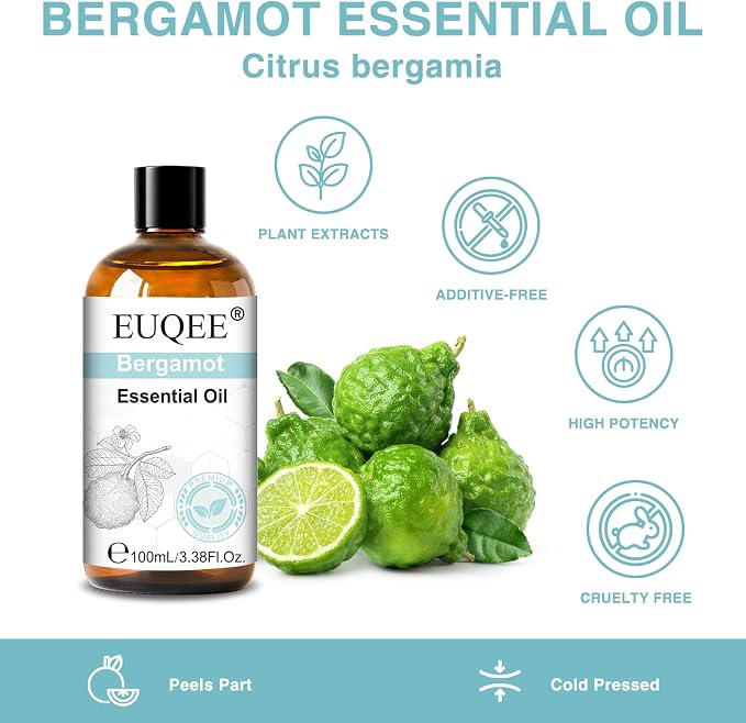 EUQEE 100ml Bergamot Essential Oil, Pure Bergamot Essential Oil for Diffuser, Massage, DIY Soap,Candle Making, Skin & Hair Care - 3.38 Fl Oz