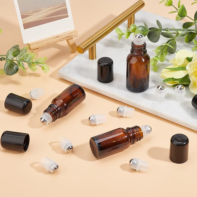 BENECREAT 24Sets Essential Oil Roller Inserts Kit, Stainless Steel Roller Balls and Black Bottle Cap for 5~15ml Essential Oils, Cosmetics Bottle, 9mm inner diameter