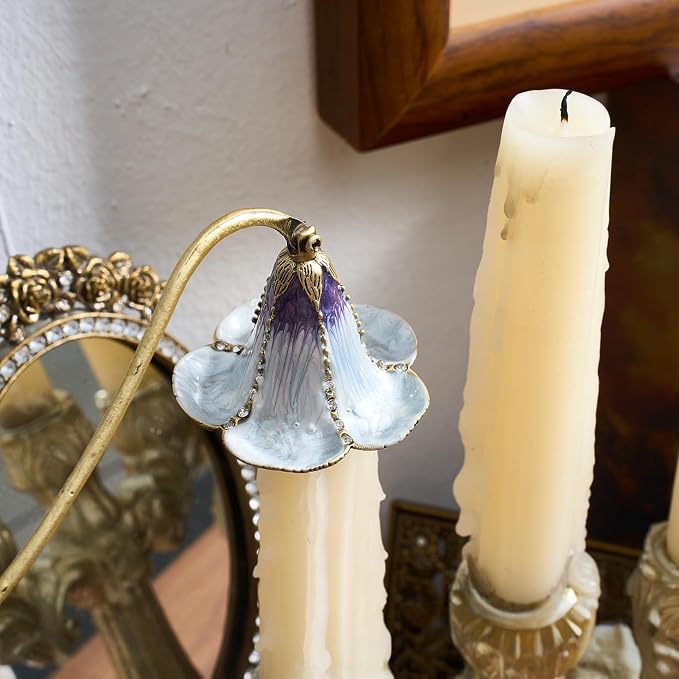 Flower Candle Snuffer - Vintage Purple & White Floral Bell Candle Extinguisher with Crystal Leaf Handle, Long Stem Decorative Candle Accessory for Home Décor, Garden Lover Gift