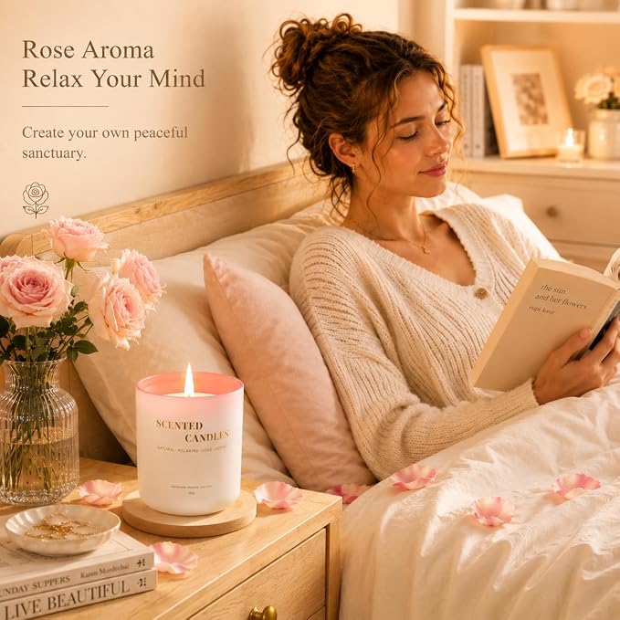 Lanttu Rose Scented Candle, 10 oz Natural Soy Wax | 40 Hours Long Lasting Burning, For Women Mom Friend, Birthday Housewarming Gift, Home Decor