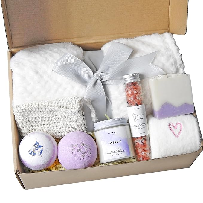 Natural Amor Lavender Blanket Spa Gift for Women 8pcs, Birthday Gift for Women, Self Care Gift for Birthday, Christmas