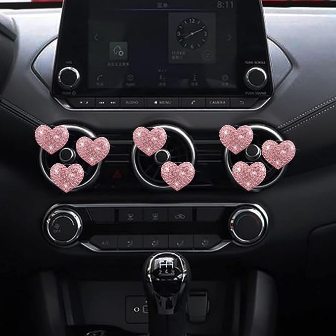 8-Pc Bling Heart Air Vent Clips, Crystal Heart Air Fresheners Vent Clip Rhinestone Car Decor - Cute Car Accessories for Women & Girls (Pink)