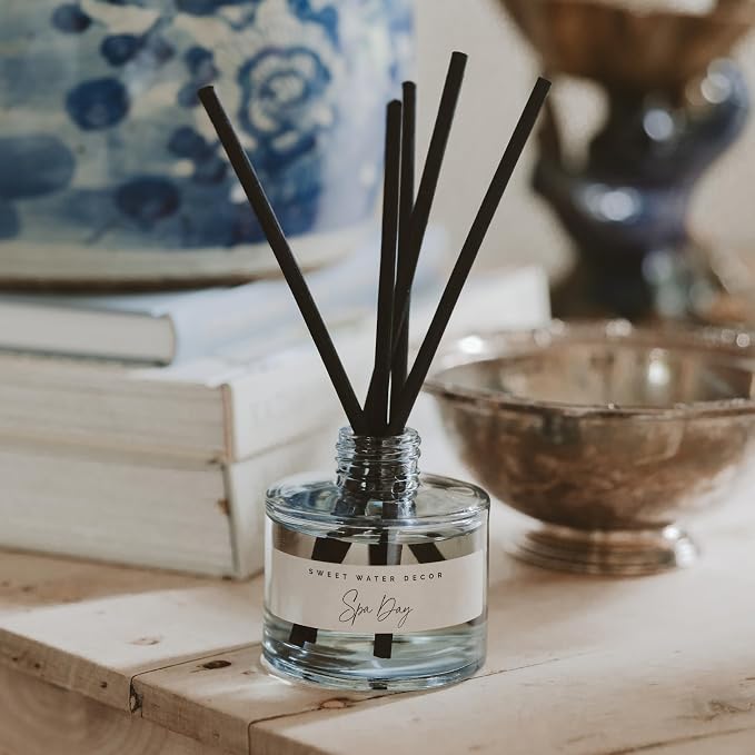 Sweet Water Decor Spa Day Blue Tinted Reed Diffuser Set, Sea Salt, Jasmine, Wood and Cream Scented Diffuser for Home, Relaxing Spa Scent, Long Lasting Fragrance, Made in the USA