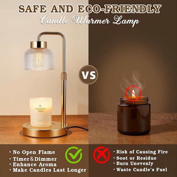 Funistree Candle Warmer Lamp with Timer Dimmer, Adjustable Height Birthday Gifts for Women Mom, Modern Vintage Gold Candle Warmer, Vintage Home Decor for Scented Jar with 2 Bulbs