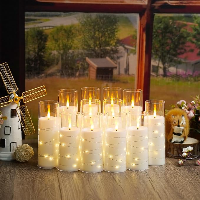Flameless Candles with Embedded Star String, 12 Pcs Battery Operated LED Pillar Candles with Remote and Timer, Suitable for Home Decor, Party, Christmas & Wedding (White)