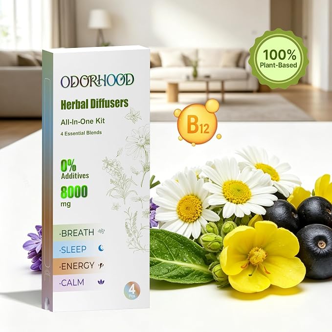 Passive Aroma Diffuser Set (4 Packs) Premium Essential Oil Blend | Portable Light Luxury Aromas for 24/7 Wellness Support, Total Net Wt. 0.28 oz (8g)