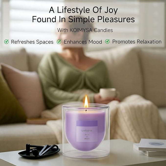 Lavender Candle for Home Scented, Purple Soy Wax Aromatherapy Candle Gifts for Women with Unique Artistic Glass