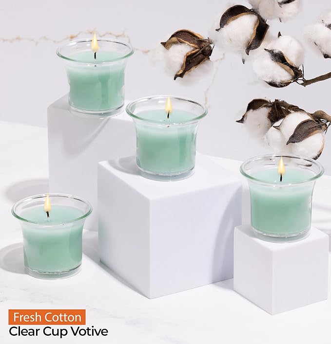 Hyoola Clear Cup Scented Votive Candles - Fresh Cotton - 12 Hour Burn Time - 4 Pack - European Made