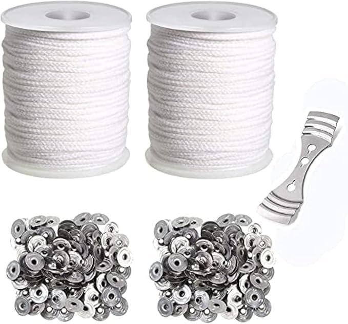 400 ft Cotton Candle Wick,24 PLY Braided Cotton Candle Making Wicks Spool + 200 Pieces Metal Sustainer Tabs + 1 Piece Centering Device Holder Set for DIY Crafts