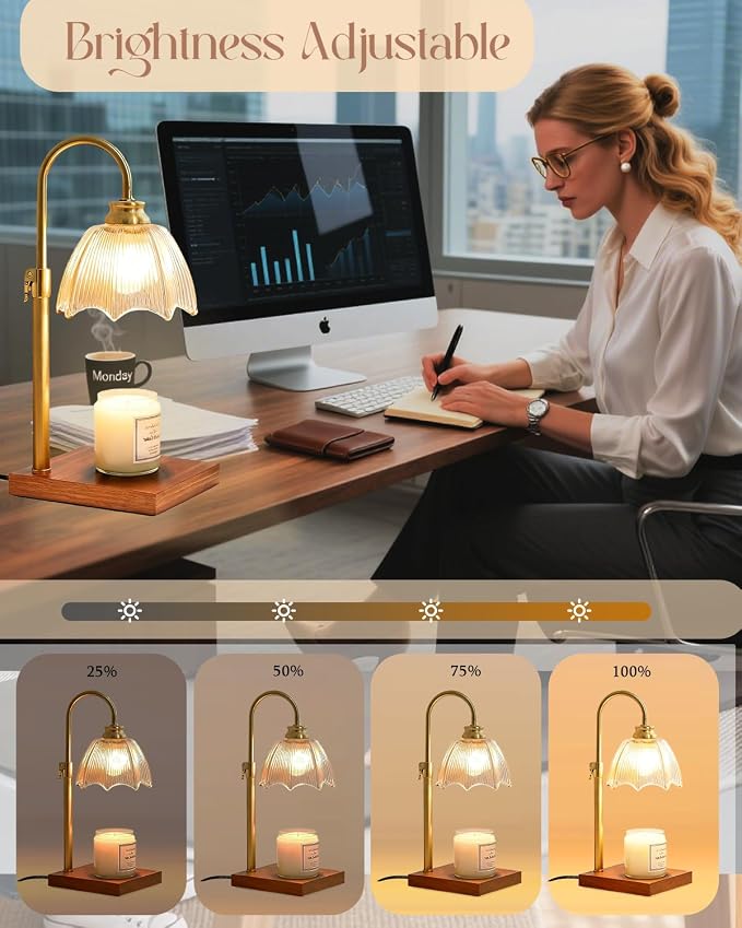 Farmhouse Candle Warmer Lamp with Timer Dimmable Adjustable Gold, Vintage Glass Wax Heated Lamp Wood Base for Large Jar Candles, Gifts for Mothers Day House Warming New Home Office Decor (Amber)
