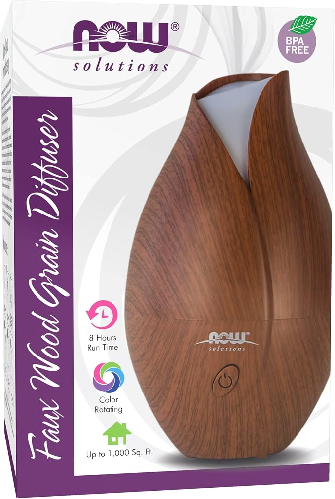 NOW Foods Essential Oils, Ultrasonic Faux Wood Aromatherapy Oil Diffuser, Contemporary Design, Extremely Quiet Heat Free, Color Changing LED Diffuser