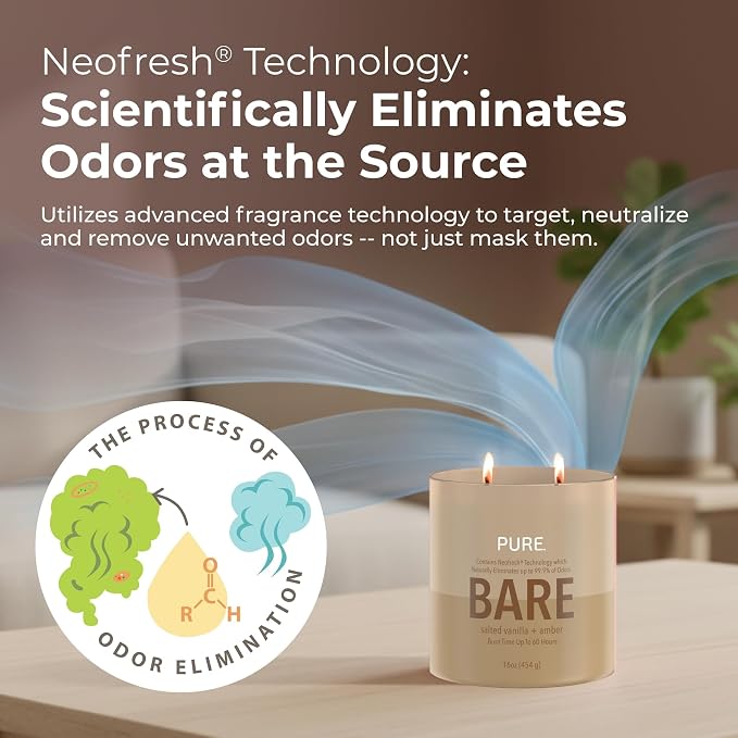 Candle-Lite Pure Salted Vanilla & Amber Odor Eliminating Scented Candles, Neofresh Technology Eliminates 99.9% of Odors, 16 oz 2-Wick Jar, Proudly Poured in The USA, Up to 60 Hours Burn Time