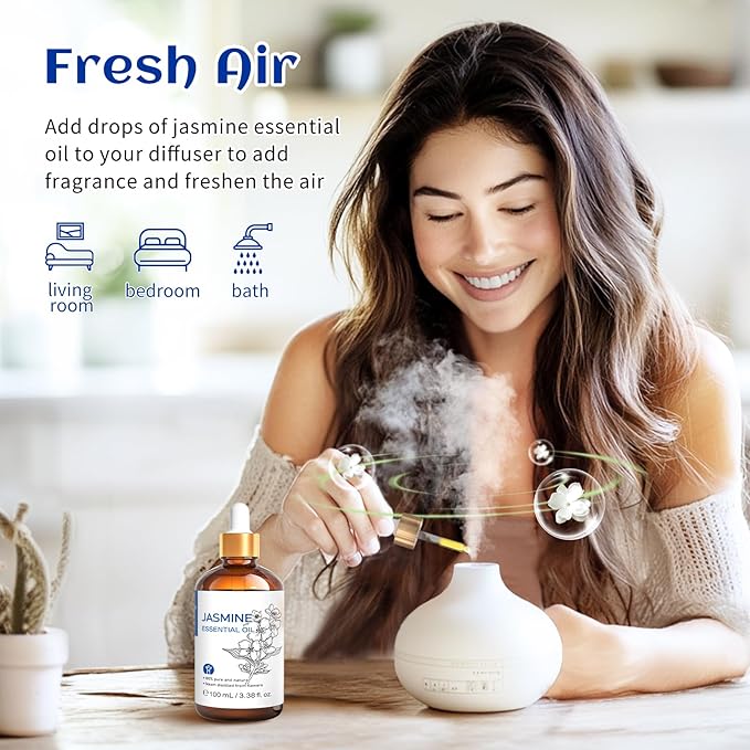 HIQILI Jasmine Essential Oil, Jasmine Oil for Diffuser, Perfume, Shampoo, Aromatherapy-3.8 Fl Oz/100 ML