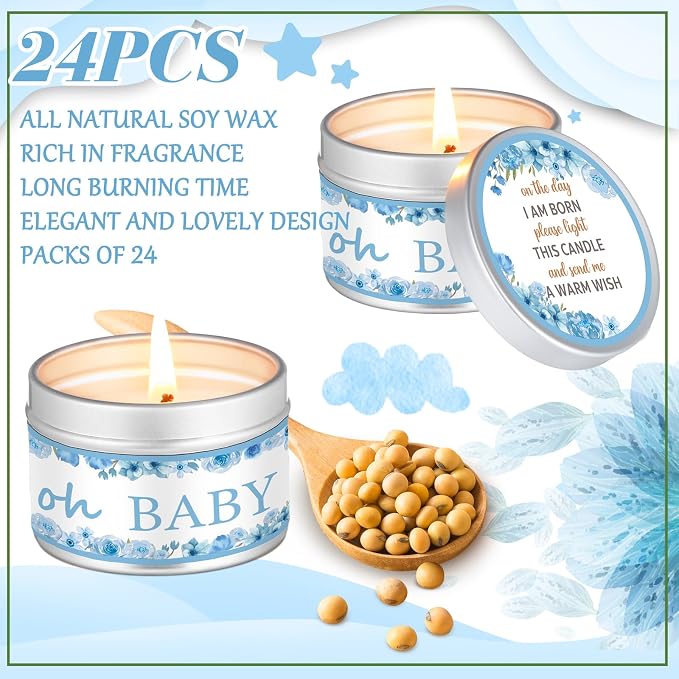 MTLEE 24 Pcs Flowers Baby Shower Party Favors Candles Lavender Scented Baby Shower Favors for Guests Rustic Tealights Candles Gender Reveal Return Gifts (1.2 oz, Blue)