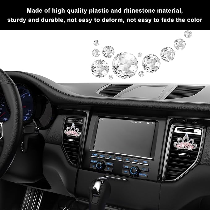 Augeny 2PCS Bling Car Air Vent Clips, Crystal Rhinestone Crown Air Freshener Outlet Diffuser Clip, Auto Air Conditioning Clip Charm for Women Girls, Interior Decor Car Accessories (Pink)