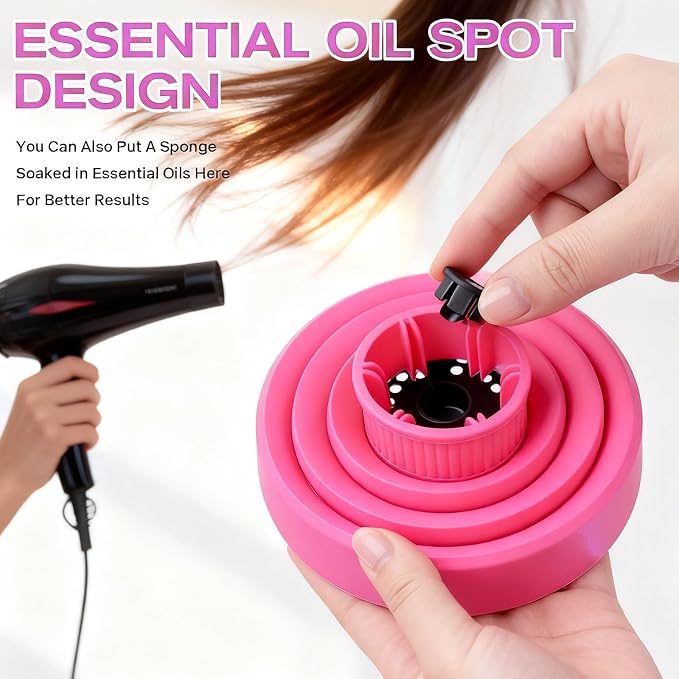 Universal Silicone Hair Dryer Diffuser Attachment, Collapsible & Portable Blow Hair Diffuser for Curly/Wavy Hair Travel Use, Lightweight Folding Fits 1.57-1.99" Nozzles for Salon Home (Rose Red)