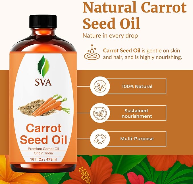 SVA Carrot Seed Oil - 16 Fl Oz – 100% Natural Cold Pressed Carrot Oil - for Face, Skin Care, Hair Care, Scalp Massage & Body Massage – Carrier Oil