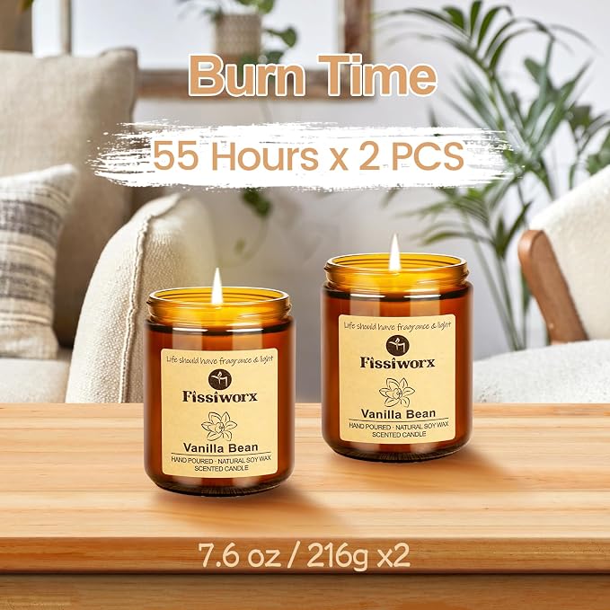 Fissiworx Vanilla Scented Candle Set 2 Pack, Candle for Home Scented, Odor Eliminating, Stress Relief, 15oz, 110 Hours Long Lasting Candles, Soy Candle Gift Set for Women