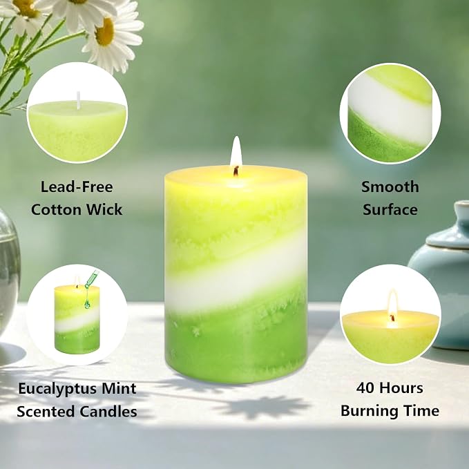 Crystal Club Eucalyptus Mint Scented Candles, 3x4 Inch Green Pillar Candle, Long Burning 40+ Hours, Aromatherapy Candle for Home Decor & Tabletop Centerpiece