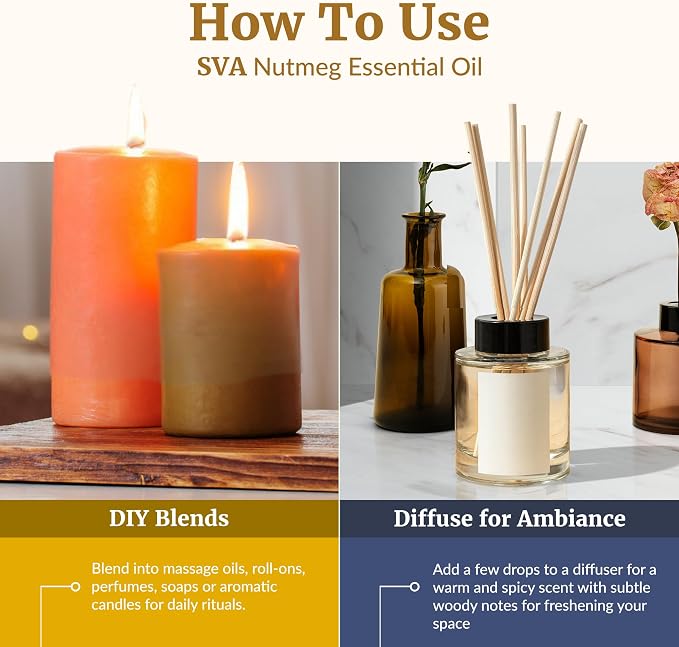 SVA Nutmeg Essential Oil – 4 Fl Oz – 100% Natural Nutmeg Oil - for Diffuser, Hair Care, Face, Skin Care, Aromatherapy, Scalp and Body Massage, Soap and Candle Making – with Dropper