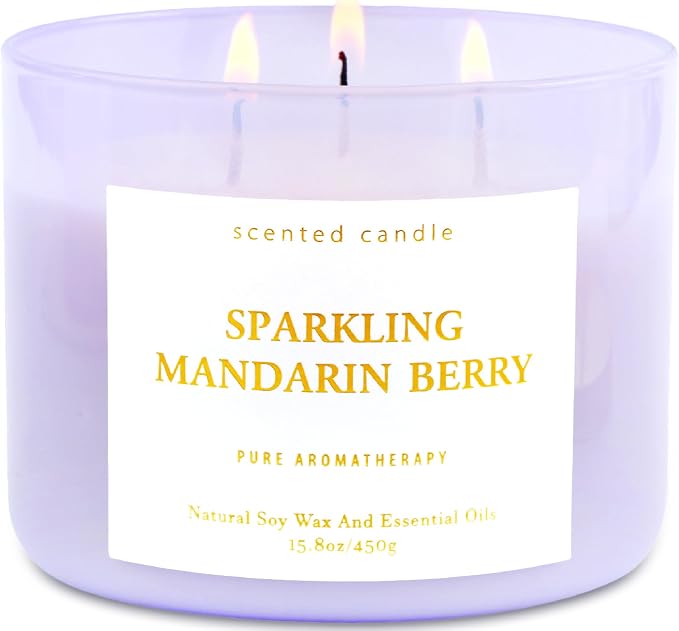 Sparkling Mandarin Berry 3-Wick Soy Summer Scented Candle for Home, 15.8oz | Grapefruit, Peach, Raspberry & Strawberry Notes, Fresh Citrus, Clean Burn, Bright Uplifting Scent, Gift for Women & Men