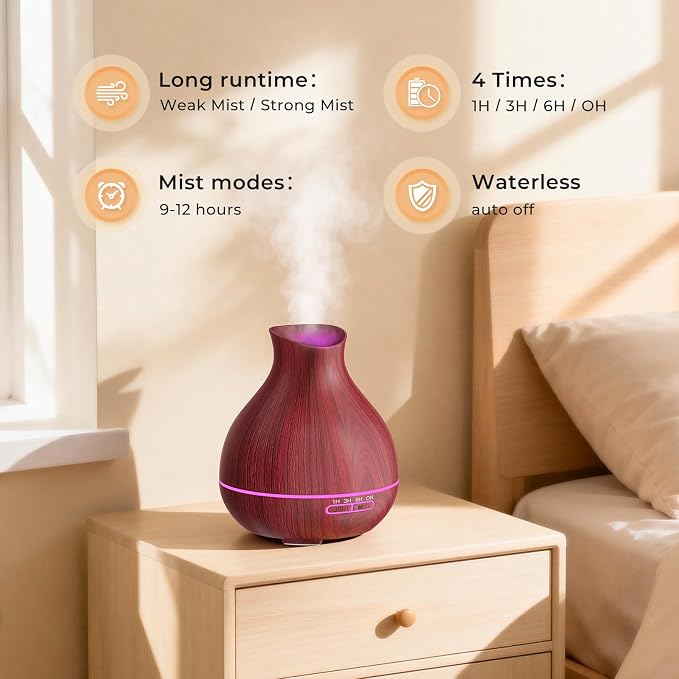 Aromatherapy Essential Oil Diffuser 550ml 12 Hours Wood Grain Aroma Diffuser with Timer Cool Mist Humidifier for Large Room, Home, Baby Bedroom, Waterless Auto Shut-off,7 Colors Lights Changing