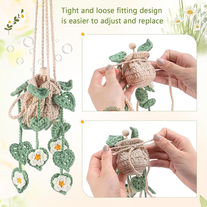 DaisyInner Cute Crochet Plant Car Freshener 12ml Empty Refillable Diffuser Bottle with Plants Hanging Accessories for Ornaments Charms Rearview Mirror Home Office Decor Women Gifts(Daisy)