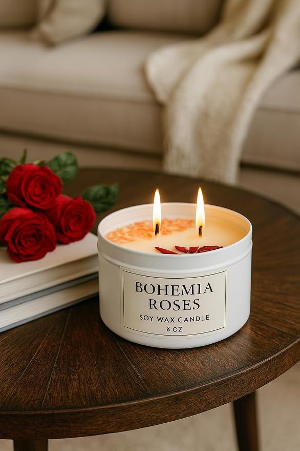 Bohemia Roses Soy Candle – 8 oz Luxury Floral Scented Candle – Romantic Rose Fragrance for Bedroom & Home Décor – Clean Burning Dual Wick – Aqua MARR