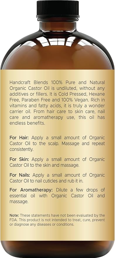 Handcraft Blends Cold-Pressed Organic Castor Oil 16 Fl Oz | Glass Bottle | 100% Pure and Natural | Premium Grade Carrier Oil | Hair, Eyelashes and Eyebrows | Hair and Body