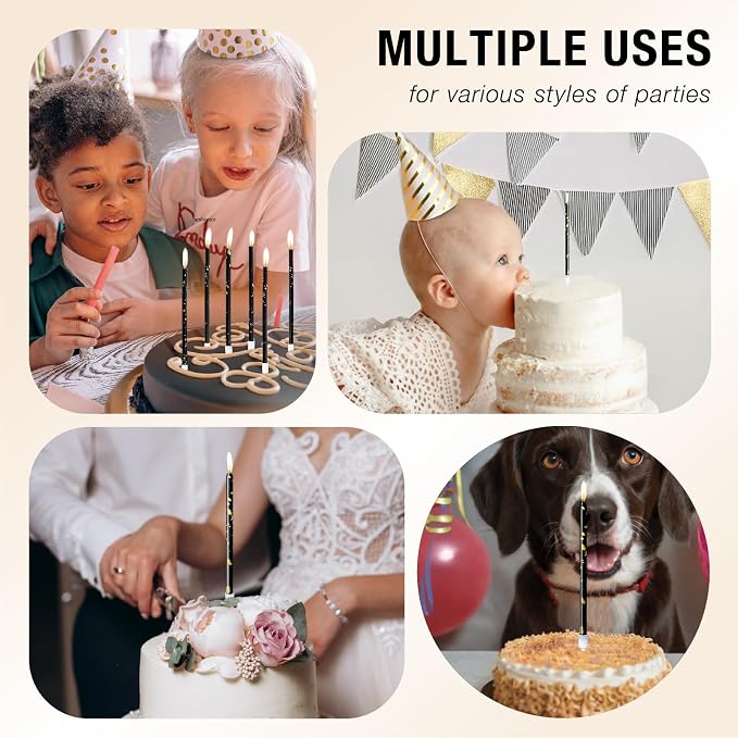 24-Count Black & Gold Birthday Candles, 5.5 Inch Long Thin Cake Candles for Wedding, Celebration, Birthday Party Cake Cupcake Decorations