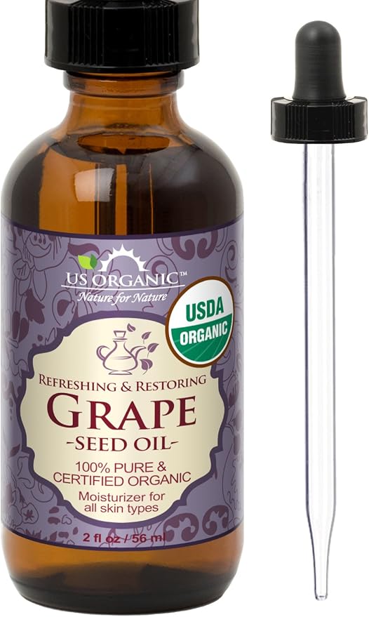 US Organic Grape Seed Oil, USDA Certified Organic, 100% Pure & Natural, Cold Pressed Virgin, Unrefined, in Amber Glass Bottle w/Glass Eyedropper for Easy Application (2 oz (56 ml))
