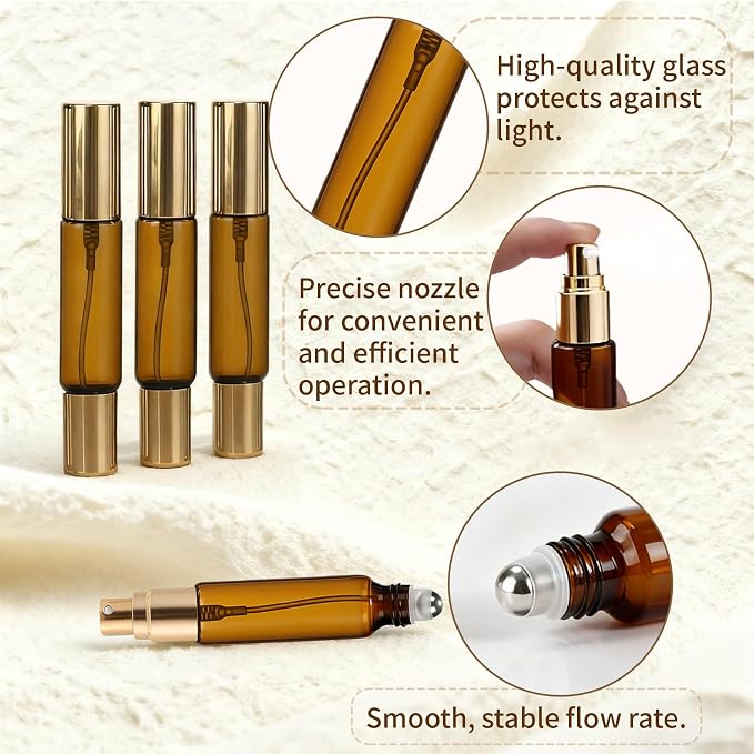 Double Ended Perfume Bottle With Roller Ball &Spray:4 PCS 10ml Amber Refillable Leakproof Travel Atomizer Facial Care with Funnel Tool for Perfume,Cologne,Essential Oils