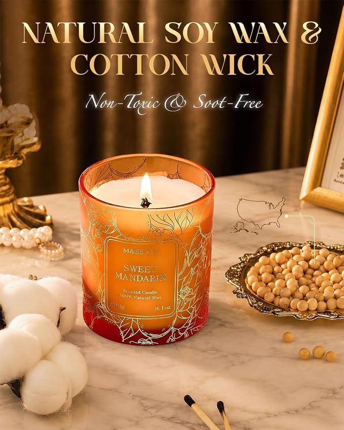 M&SENSE Sweet Mandarin Soy Candle, No Toxin Refreshing Fragrance, 8.1oz 42-Hour Long Burning, Bright Refreshing Citrus, Summer Housewarming Gift