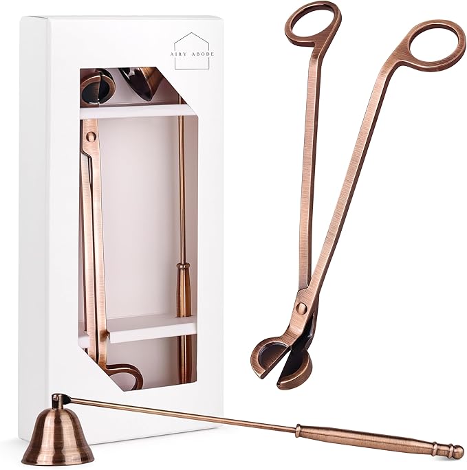 Airy Abode Candle Snuffer and Wick Trimmer Set, Bell Snuffer Gift Box, Stainless Steel Candle Care Accessory for Home Decor, Brushed Copper
