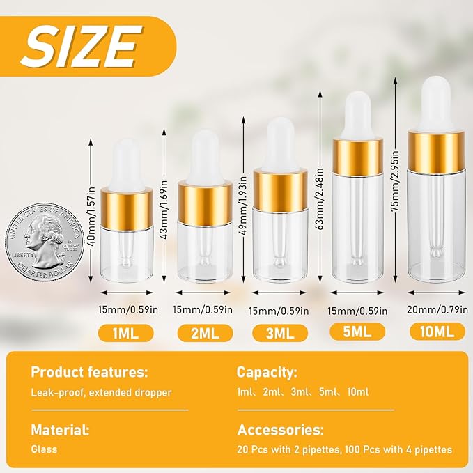 100 Pack Mini Dropper Bottle for Cuticle Oil, 5ml Small Sample Essential Oil Dropper Bottles for Travel, Clear Empty Vails for Cosmetic Perfume