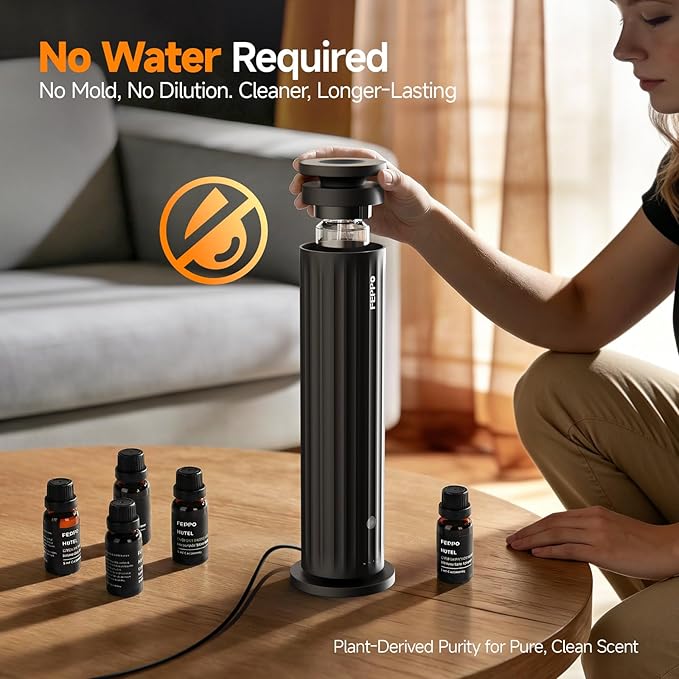 FEPPO Waterless Diffuser – Diffuser for Home, Hotel, Office | Essential Oil Diffuser Starter Kit with 5×20mL Hotel Scent Oils, 6 Scent Levels, 4 Timer Modes, Quiet Diffuser, 1000+ Sq Ft