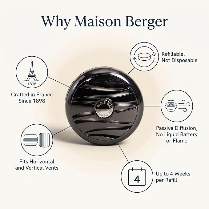 MAISON BERGER Car Diffuser Set, Holly Amber Powder | Warm Amber Sandalwood Notes, Refillable Vent Clip with Ceramic Refill, Passive 4-Week Diffusion, Made in France