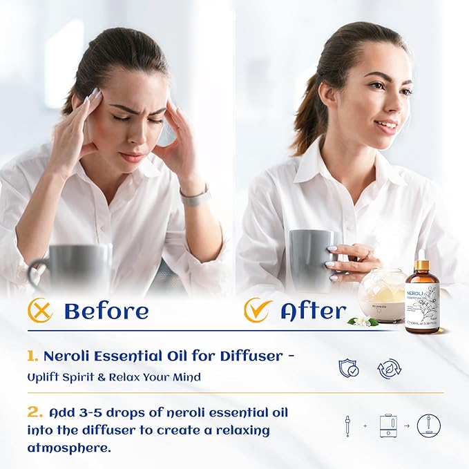 HIQILI Neroli Essential Oil 3.38 Fl Oz, Neroli Oil for Skin, Diffuser, Includes 10ML Travel Bottle - 100ML
