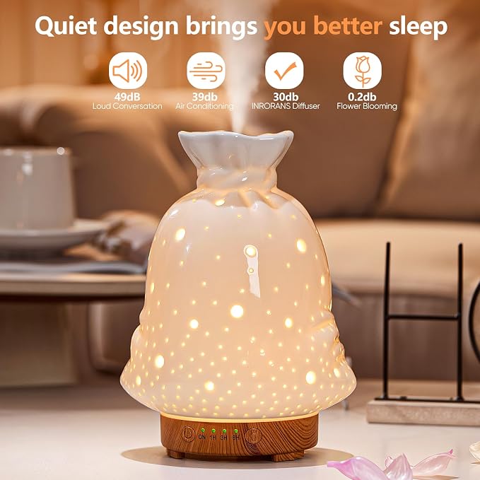 160ML Ceramic Diffuser for Essential Oils Lucky Bag Aromatherapy Diffuser Ultrasonic Cool Mist Humidifier with Intermittent Mist Modes Waterless Auto Off for Room Office