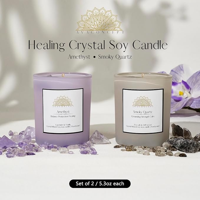 AvaConcept Healing Crystal Candle Gift Set – Amethyst & Smoky Quartz | Hand-Poured Soy Wax Candles Lavender Vanilla & Sea Salt Driftwood Aromatherapy Natural Crystals Infused Set of 2/5.3oz Each