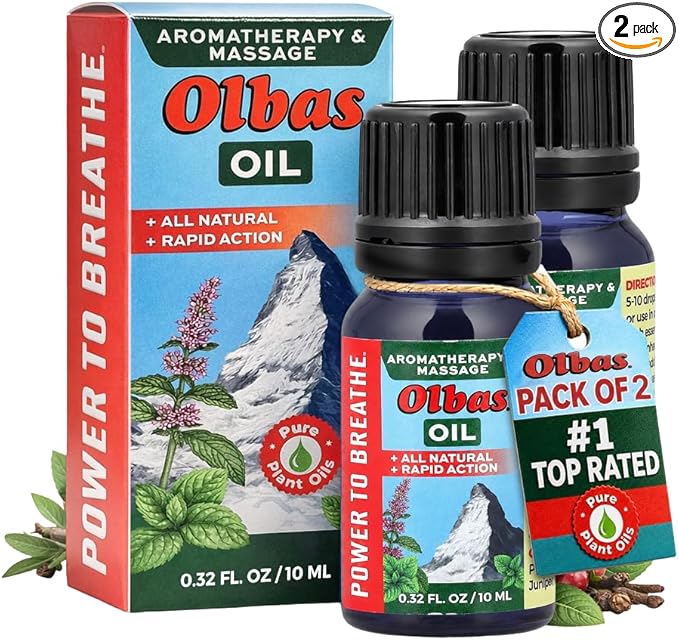 Olbas Massage and Aromatherapy Inhalant Oil Pack of 2 (0.32 Fl Oz), Body Massage Oil, Swiss Herbal Remedies with Pure Essential Massage Oils for Muscle Relaxing and Soothing Comfort for Pain Relief