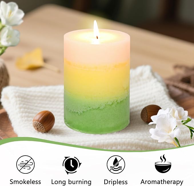 Pillar Candles, Freesia Scented Candles 35+Hour Long Lasting Burn Time, 3 X 4 Inches Dripless & Smokeless Aromatherapy Candles for Wedding Party Home Décor, Set of 3