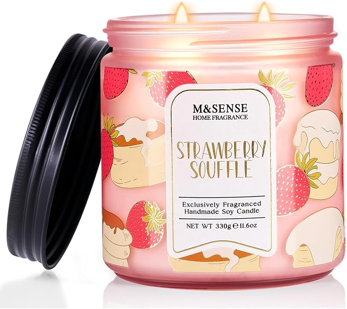 M&SENSE 2 Wick Strawberry Souffle Scented Candle,11.6oz Natural Soy Wax Non Toxic for Home, Up to 70 Hours Burn time,Fall Decorations for Home
