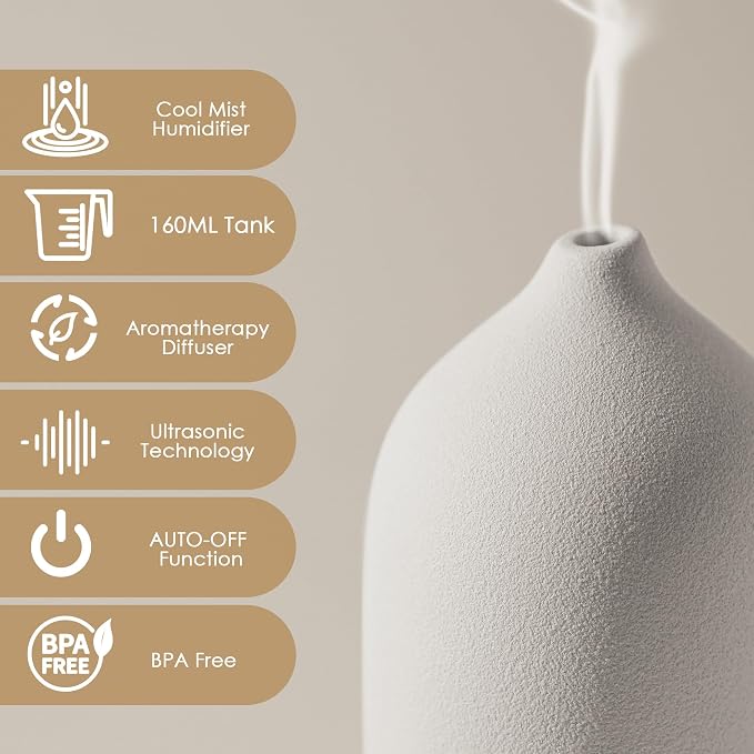 Diffuserlove Ceramic Essential Oil Diffuser 160ML Aromatherapy Diffuser for Home Bedroom Room Cool Mist Humidifier Stone Air Diffusers (Size:6.8" H x 3.6" W)